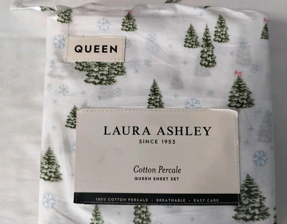 Laura Ashley Queen Sheet Set Floral 4pc 4 Piece 100% Cotton Percale Christmas